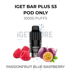 Iget bar plus s3 pod only 10000 puffs passionfruit blue raspberry